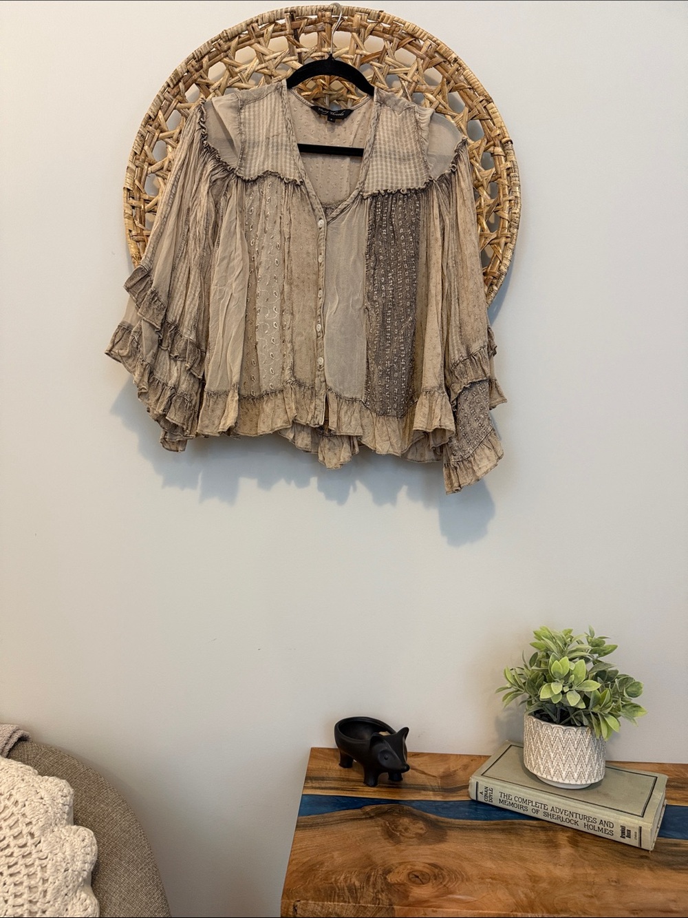 Young Threads Boho Ruffle Button-Front Women’s Top - Taupe